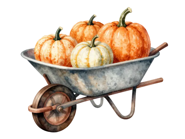 Watercolor Wheelbarrow Filled with Harvest Pumpkins
