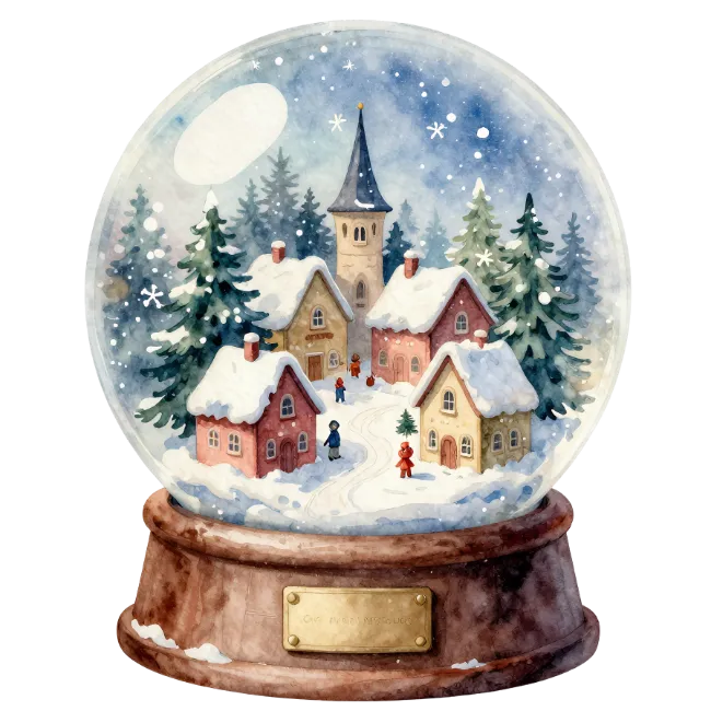 Watercolor Winter Snow Globe With Village