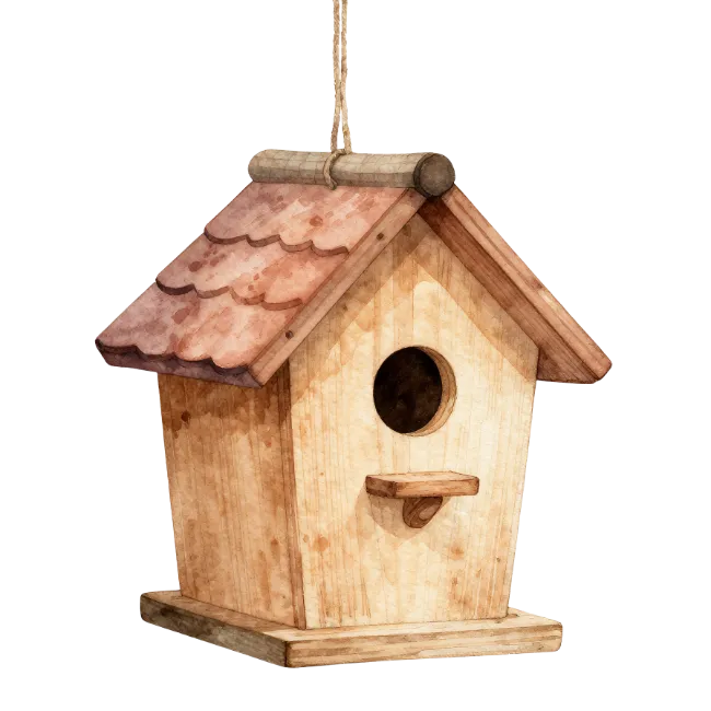 Watercolor Wooden Birdhouse Hanging on Rope