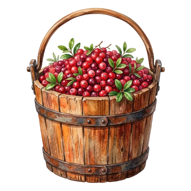 Watercolor Wooden Bucket Full of Fresh Red Cranberries