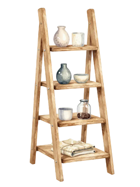 Watercolor Wooden Ladder Shelf with Vases and Decor