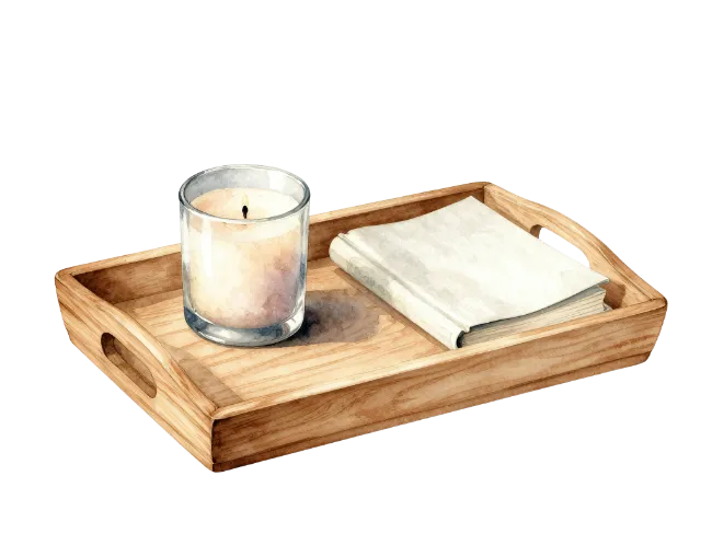Watercolor Wooden Tray With Book And Candle