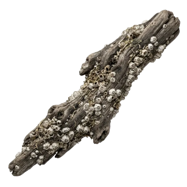 Weathered Driftwood Log with Barnacles
