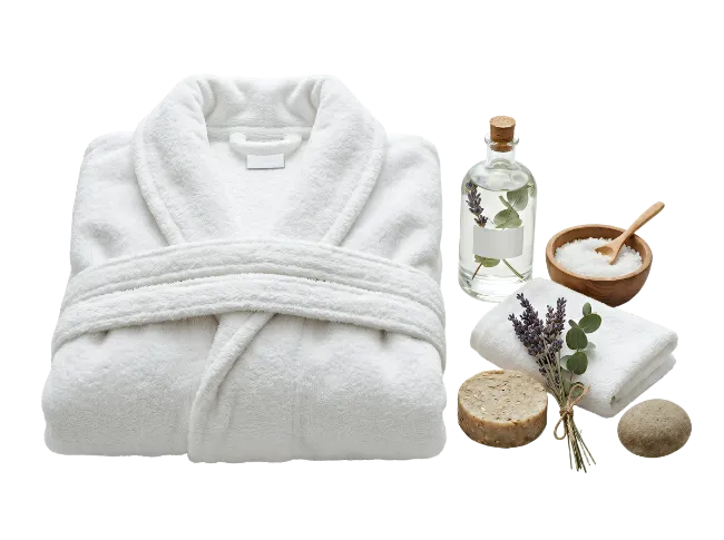 White Bathrobe With Spa Accessories And Towel