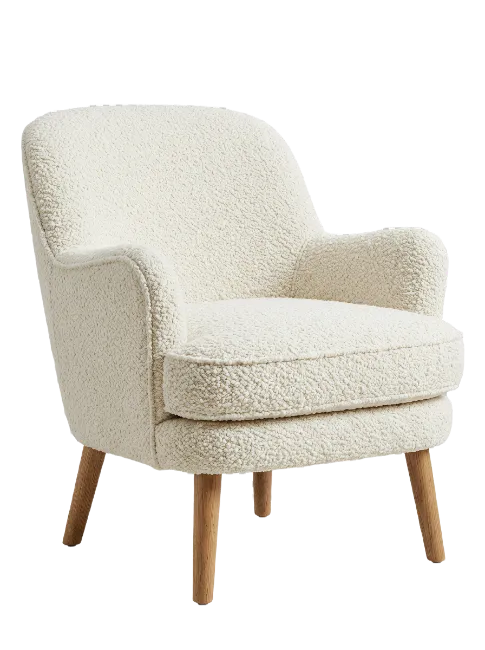 White Boucle Armchair with Wooden Legs