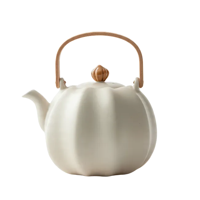White Ceramic Teapot with Wooden Handle