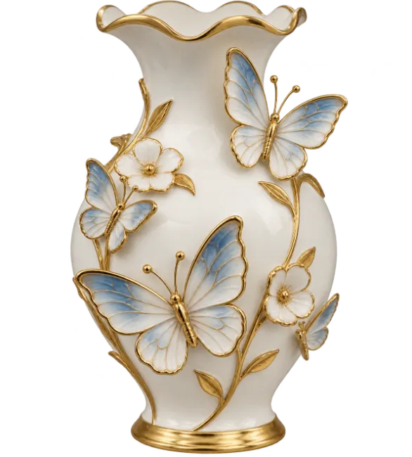 White Ceramic Vase with Blue Butterflies and Gold Accents