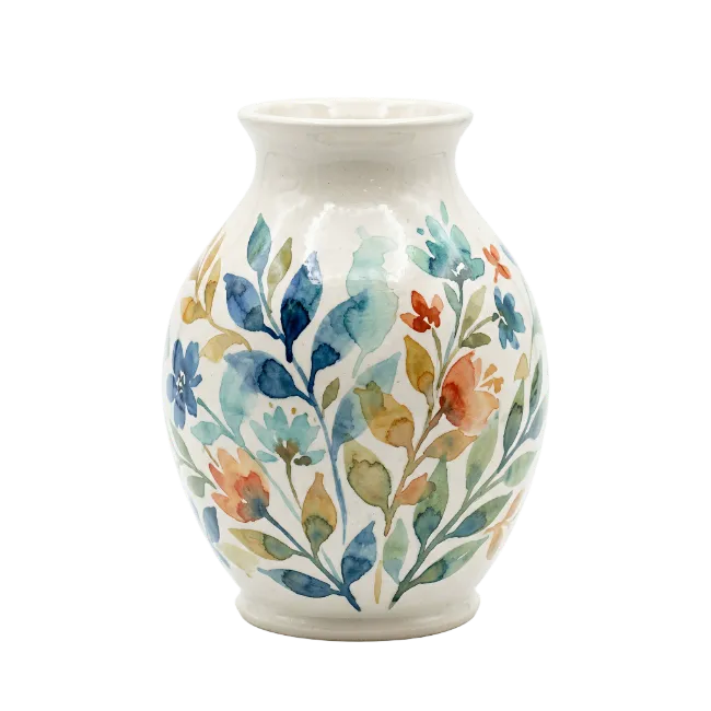 White Ceramic Vase with Watercolor Floral Pattern