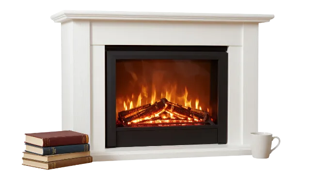 White Electric Fireplace with Books and Mug