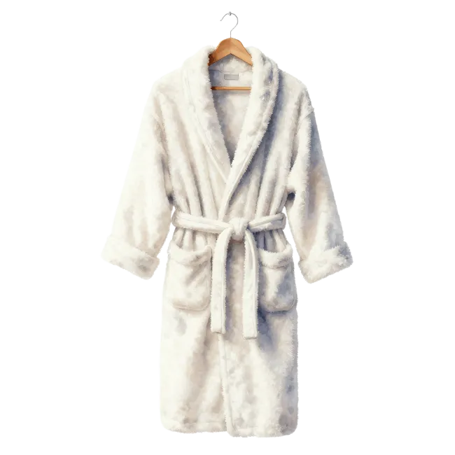 White Fluffy Bathrobe on Wooden Hanger