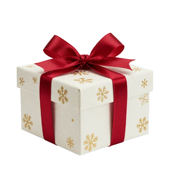 White gift box with red ribbon and gold snowflakes