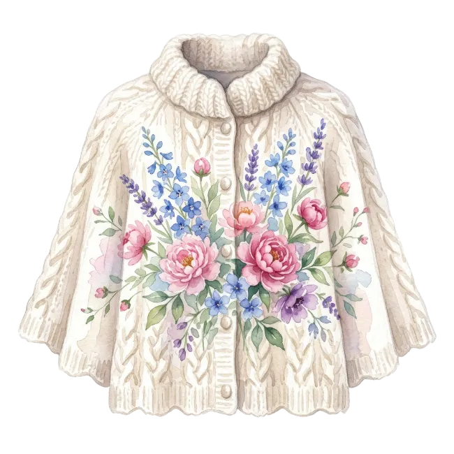 White Knitted Cardigan with Floral Watercolor Painting