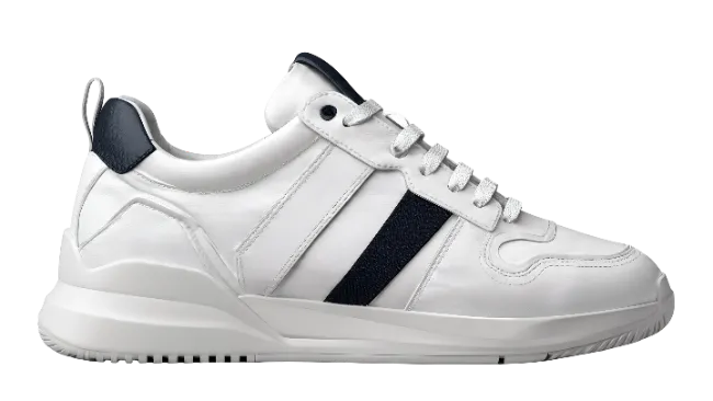 White leather sneaker with dark blue stripe