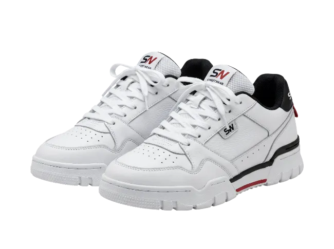 White Leather Sneakers with Black and Red Accents