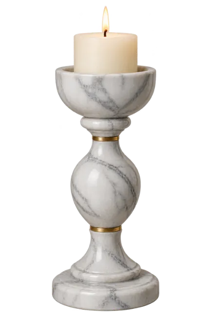 White Marble Candle Holder with Lit Candle