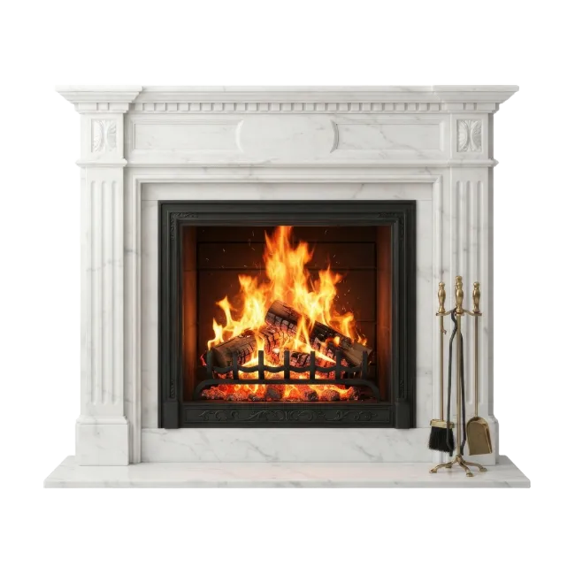 White Marble Fireplace with Burning Fire
