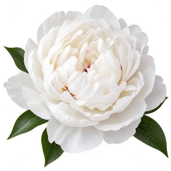 White Peony Flower with Green Leaves
