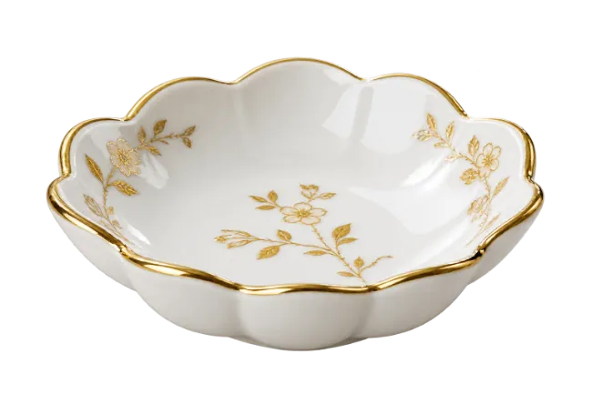 White porcelain bowl with gold floral pattern