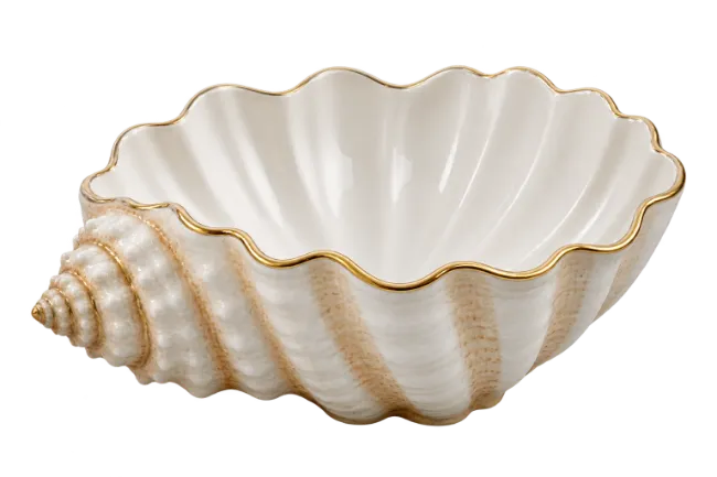 White Porcelain Seashell Bowl with Gold Trim