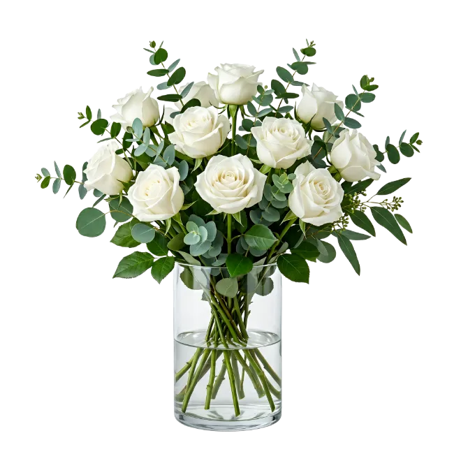 White Rose Bouquet in Glass Vase