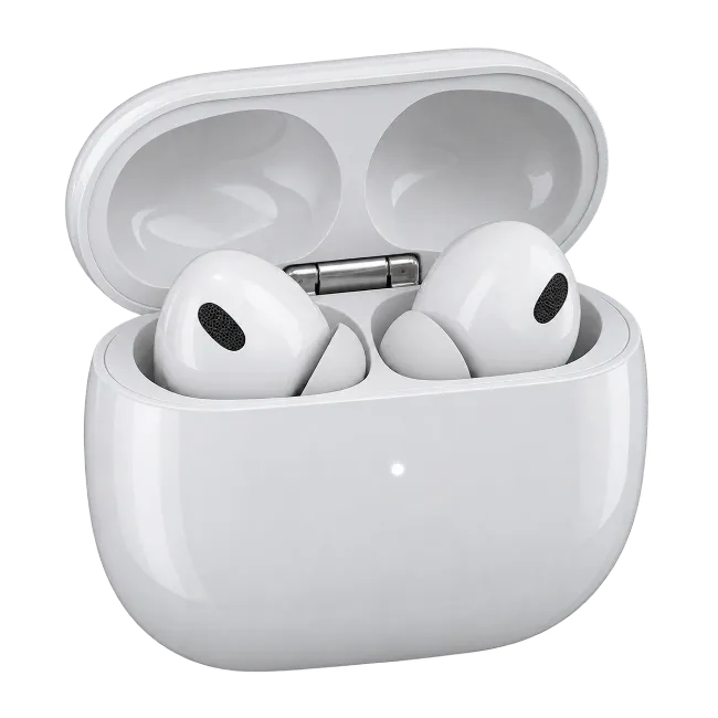 White wireless earbuds in charging case