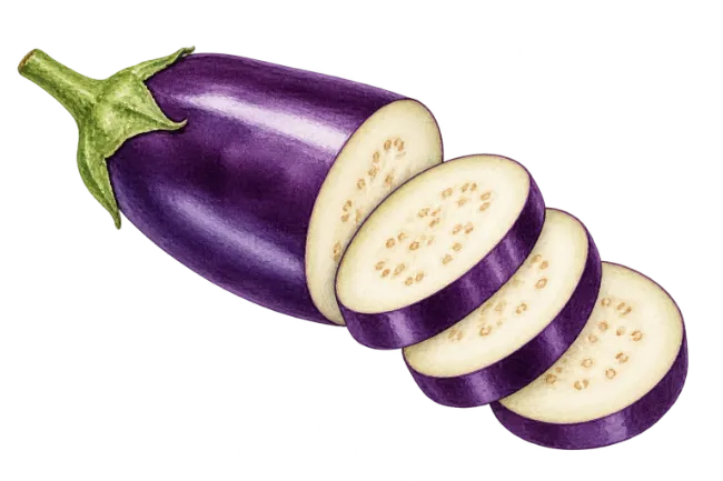 Whole and sliced purple eggplant illustration