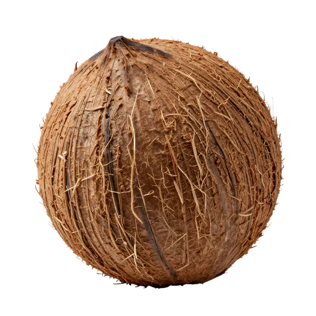 Whole brown coconut with fibrous husk