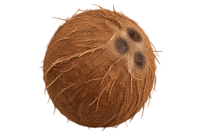 Whole Brown Hairy Coconut with Visible Eyes