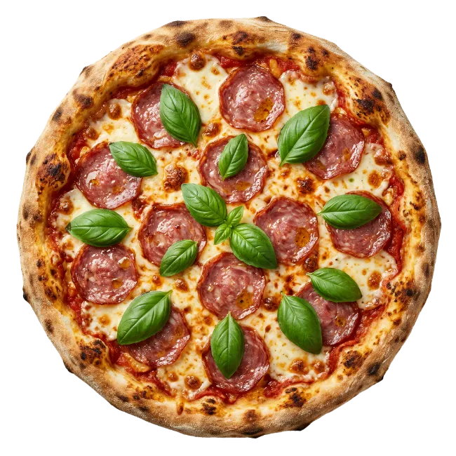 Whole Pepperoni Pizza with Fresh Basil Leaves