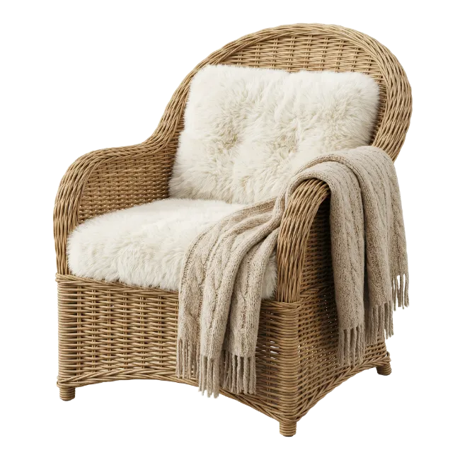 Wicker Armchair with Fur Cushion and Throw Blanket
