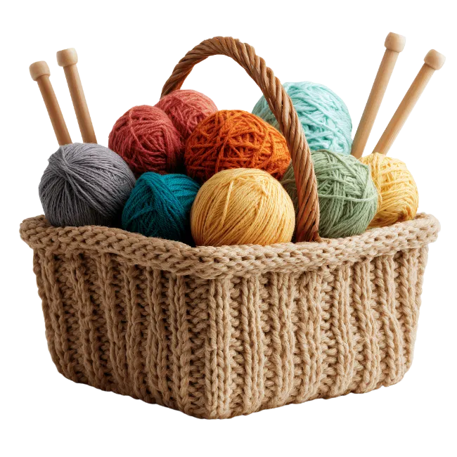 Wicker basket filled with colorful yarn balls and knitting needles