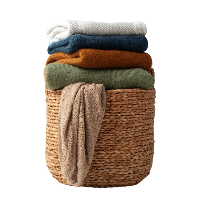 Wicker Basket Filled With Folded Sweaters