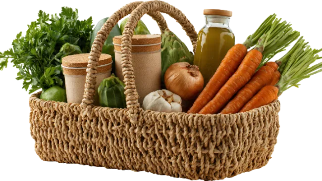 Wicker basket filled with fresh vegetables