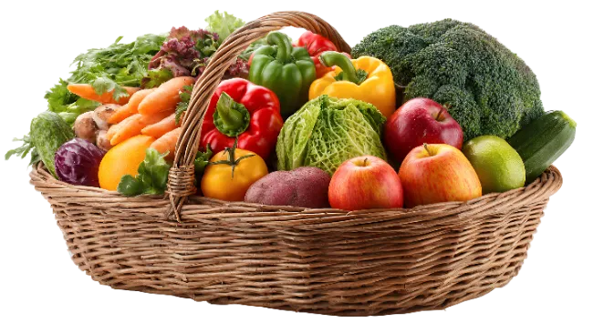 Wicker basket filled with fresh vegetables and fruits