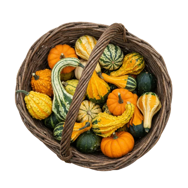 Wicker Basket Filled with Ornamental Gourds