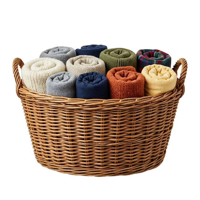 Wicker Basket Filled With Rolled Blankets