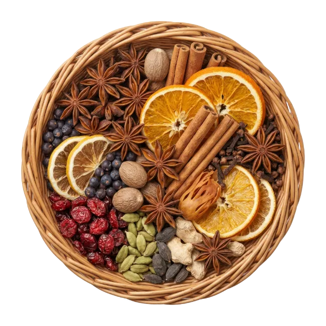 Wicker Basket Filled With Spices and Citrus