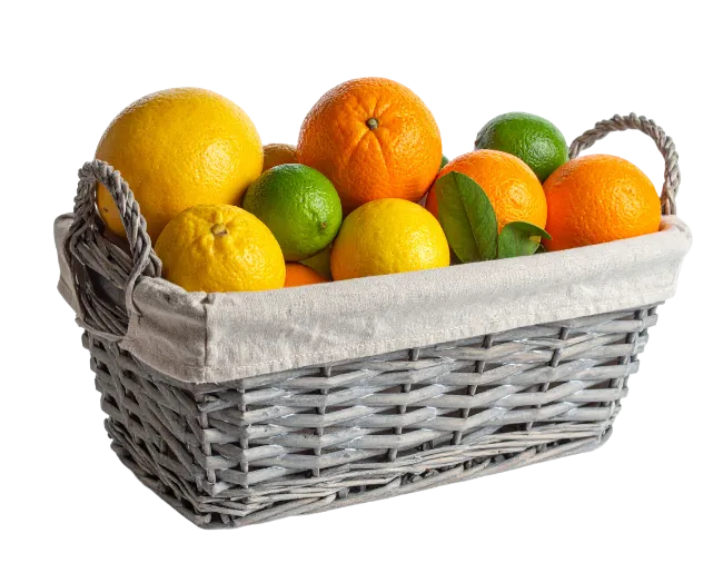 Wicker Basket Full of Assorted Fresh Citrus Fruits