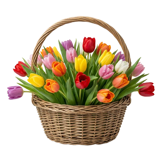 Wicker Basket Full of Colorful Tulips