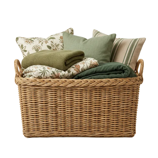 Wicker Basket with Pillows and Blankets
