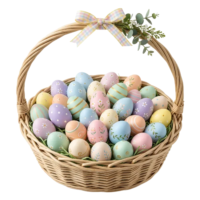 Wicker Easter Basket Filled With Decorated Eggs