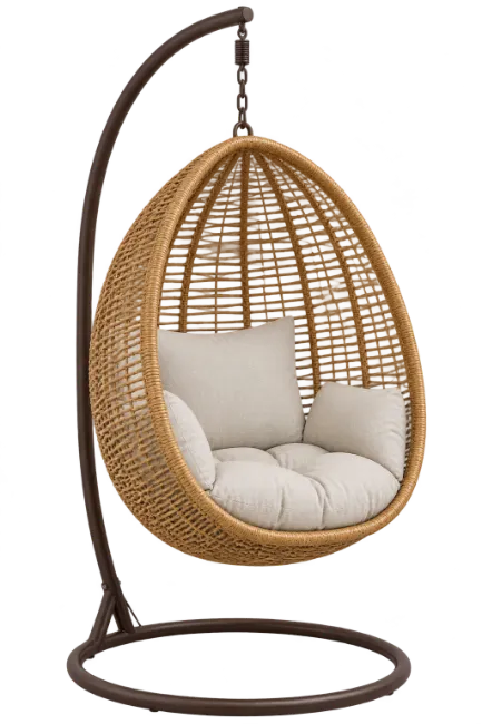 Wicker hanging egg chair with cushions