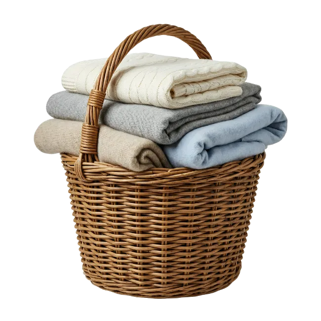 Wicker Laundry Basket Filled With Folded Blankets