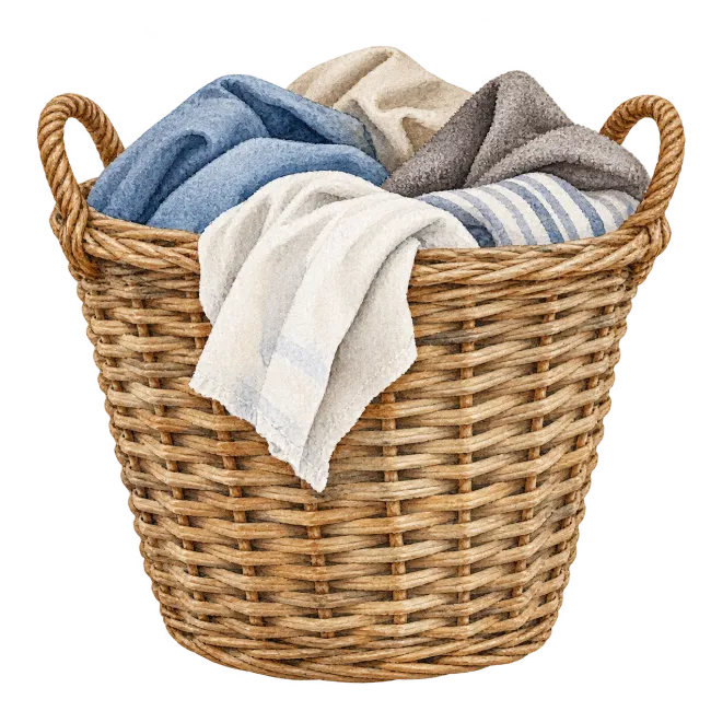 Wicker Laundry Basket Filled With Folded Clothes