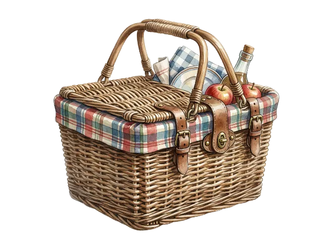 Wicker Picnic Basket Filled with Apples and Bottle