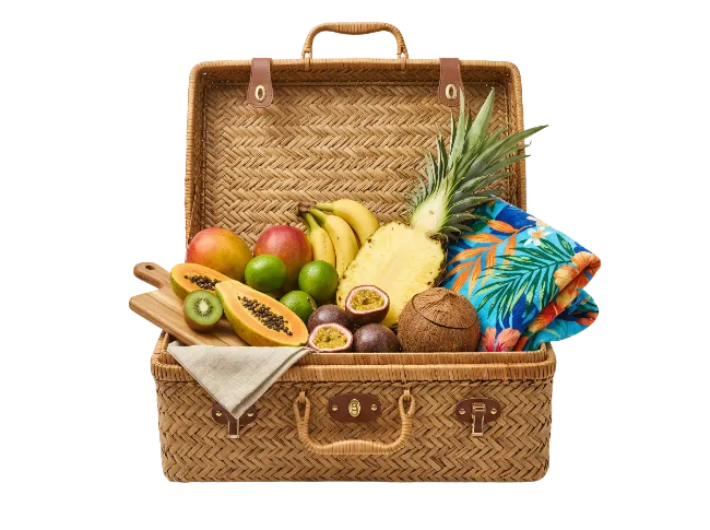 Wicker Picnic Basket Filled With Tropical Fruits