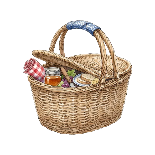 Wicker Picnic Basket with Food and Blanket