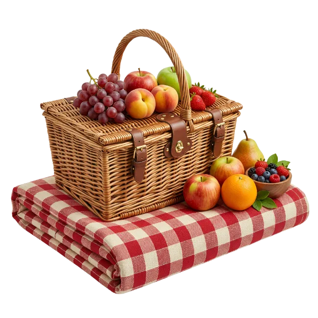 Wicker Picnic Basket with Fresh Fruits and Blanket