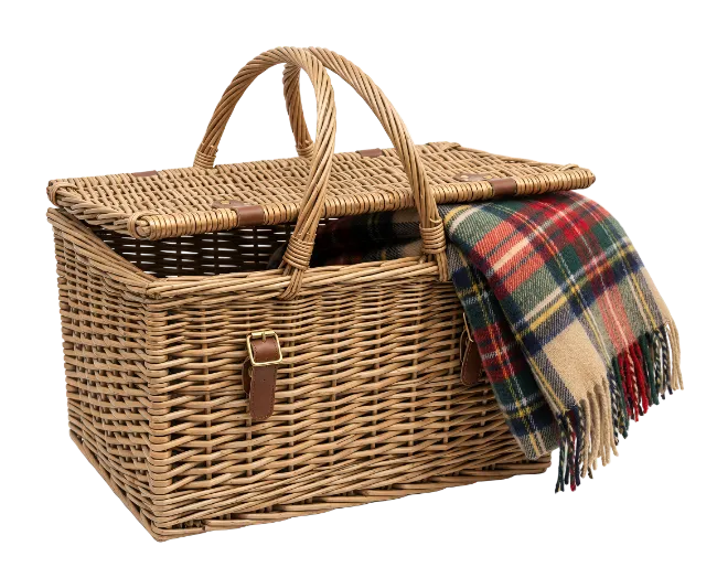 Wicker Picnic Basket with Plaid Blanket