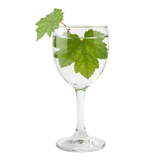 Wine glass filled with water and fresh grape leaf